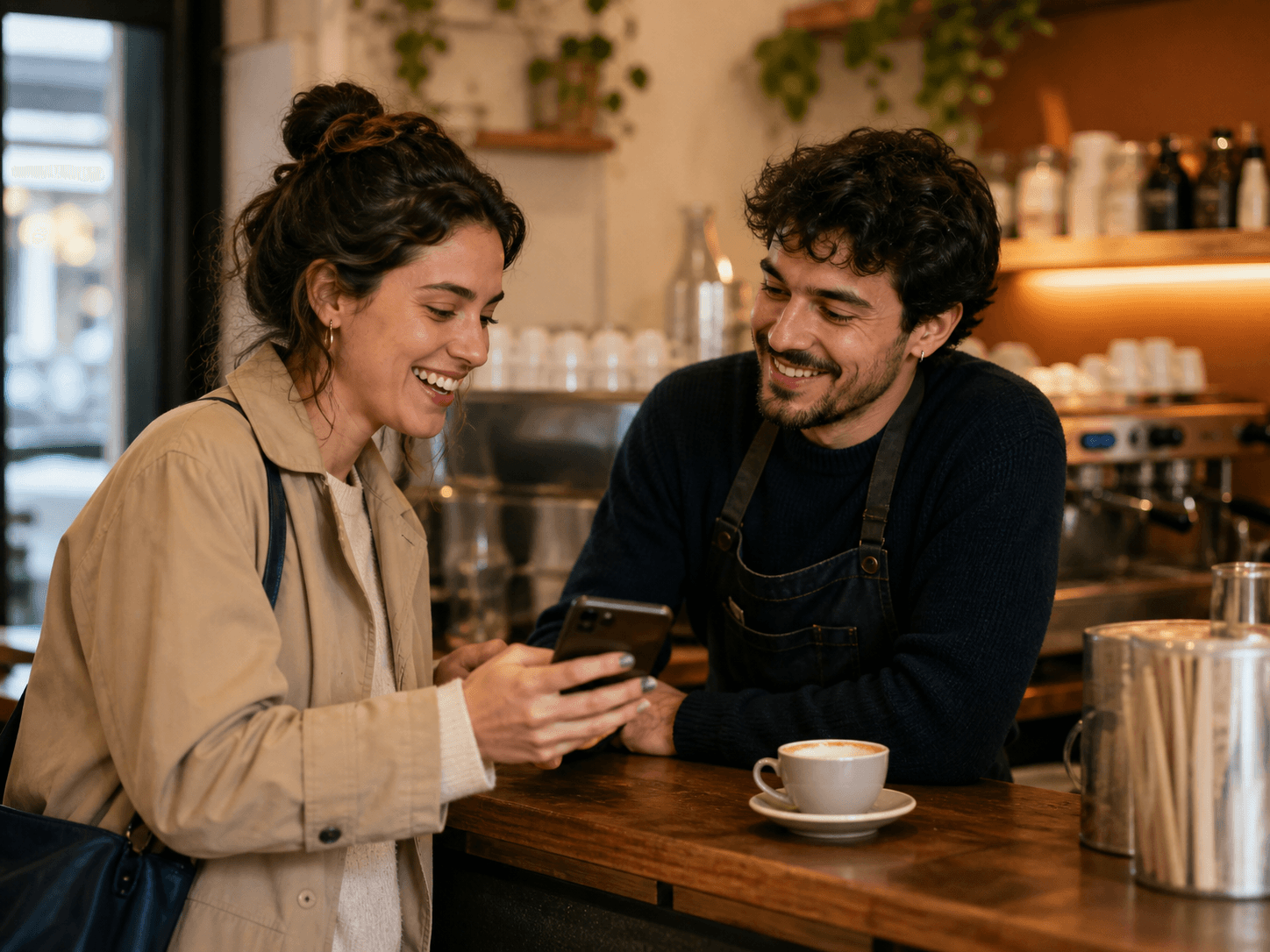 Una pasajera y una barista confirmando un canje con el celular